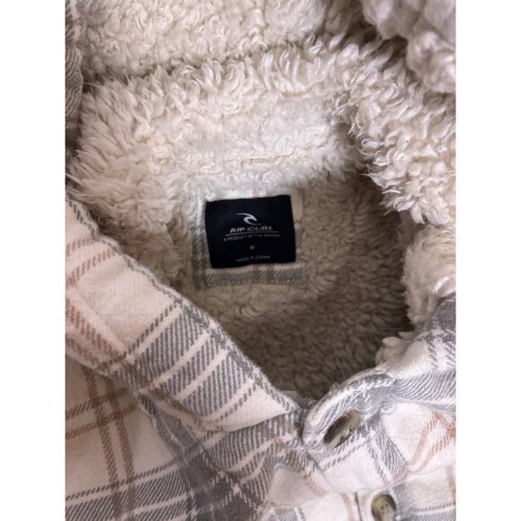 Rip Curl Sherpa Lined Hooded Flannel Jacket Mens Medium Gray White Plaid Winter - Picture 2 of 6